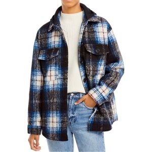 Aqua navy and black plaid Shacket with detachable hood. Size XL. NWT
